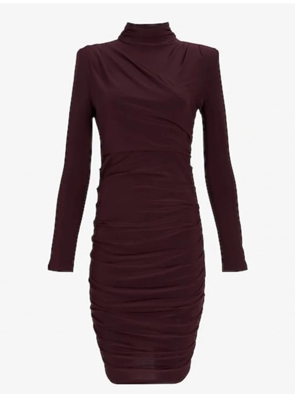EXPRESS Burgundy Ruched Mock Neck Strong Shoulder Cutout Mini Dress